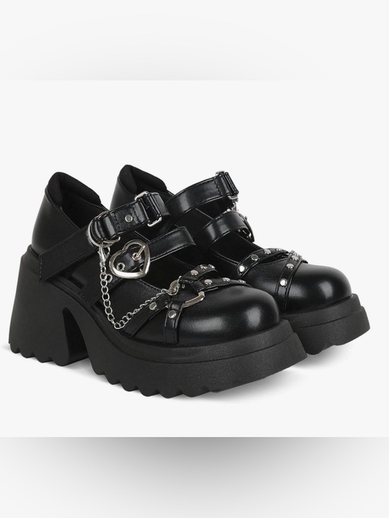 Parisuit Shoes - Parisuit Women’s Goth Platform Black Mary Janes with Chains & Heart Accent Sz 7